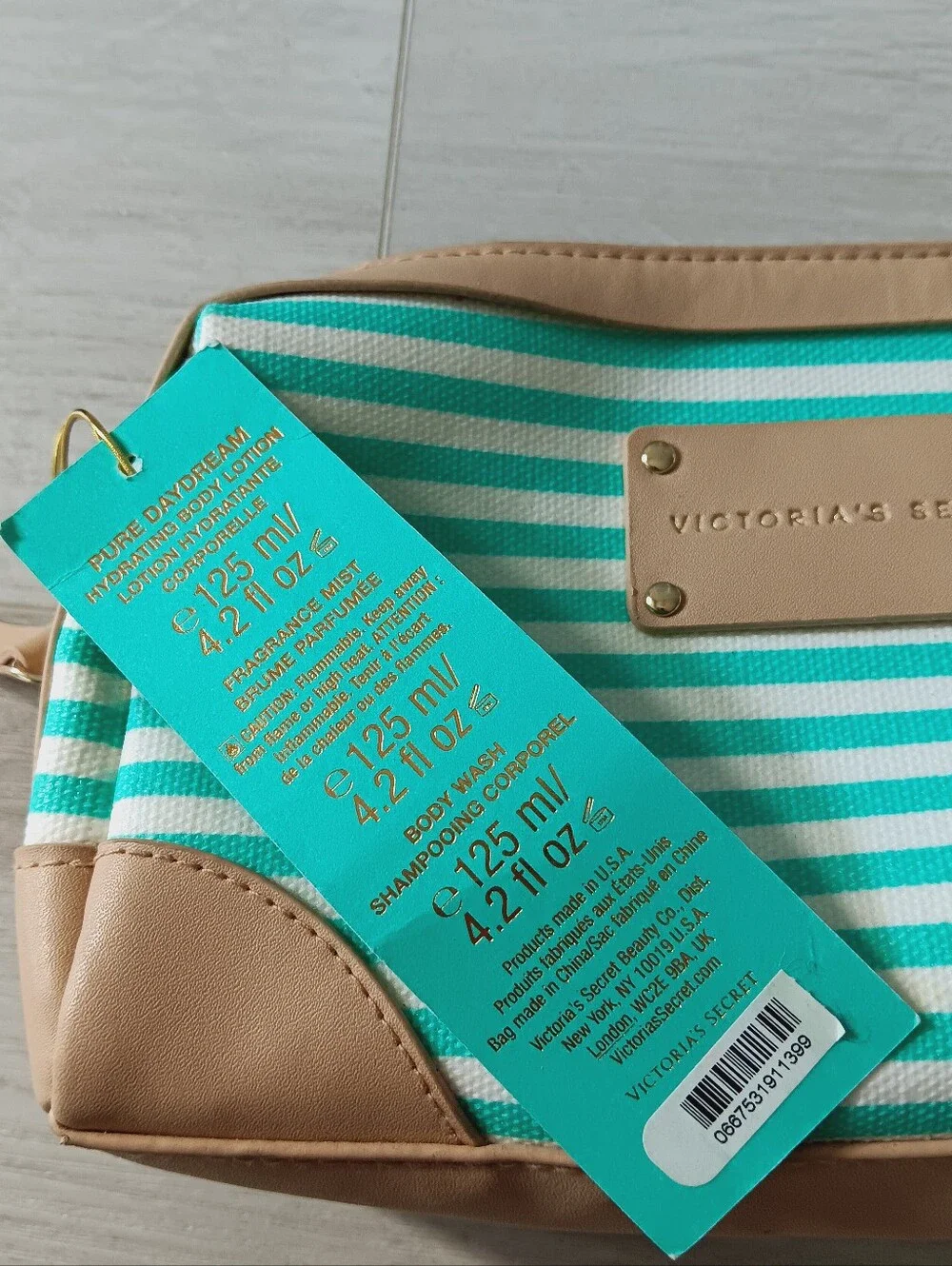 Victoria's Secret Pure Daydream Cosmetics Bag Striped Faux Leather Aqua White
